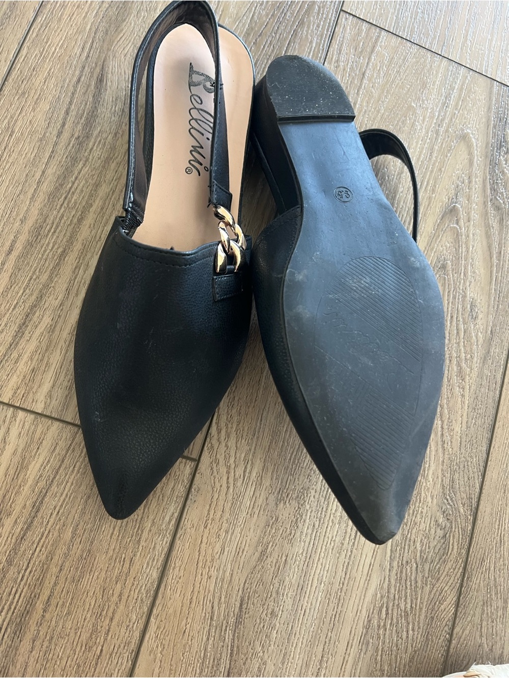 Bellini Black Pointed Slingback Mules with Gold Chain